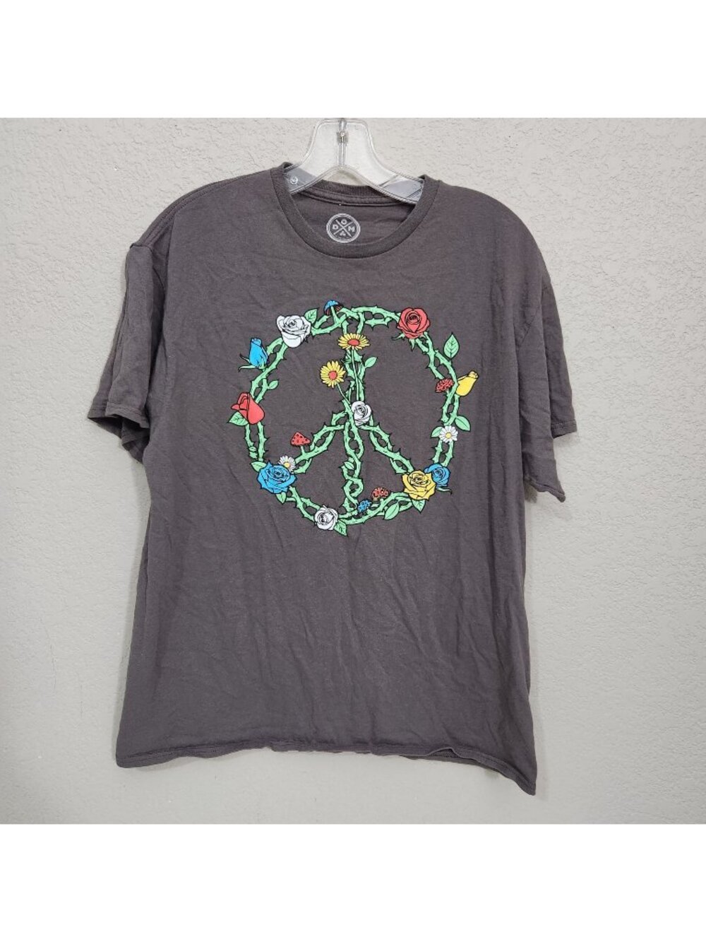 Dom Shirt Floral Peace Sign Graphic T-Shirt Charcoal Gray Short Sleeve Cotton Si